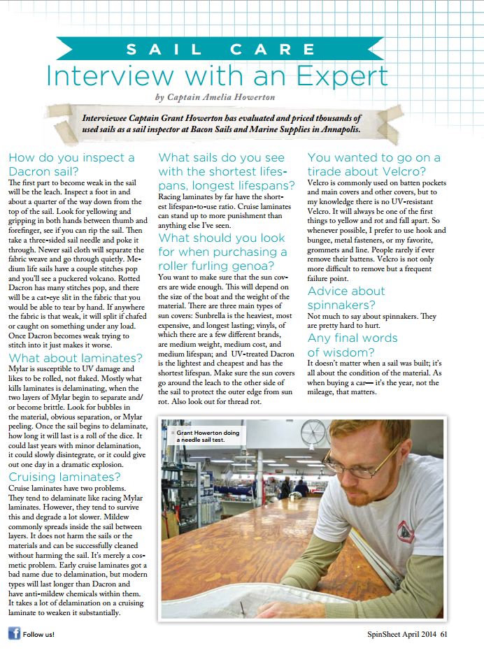 Velocir Sail Care Article in SpinSheet